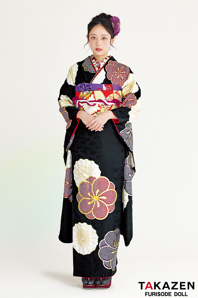TAKAZENのレンタル振袖 正統派古典 黒/赤/紫 ねじり梅柄/すっきり柄 シンプル 絞り風 シック 大人っぽい 柄大きめ 佐藤不二子【通販可】24048