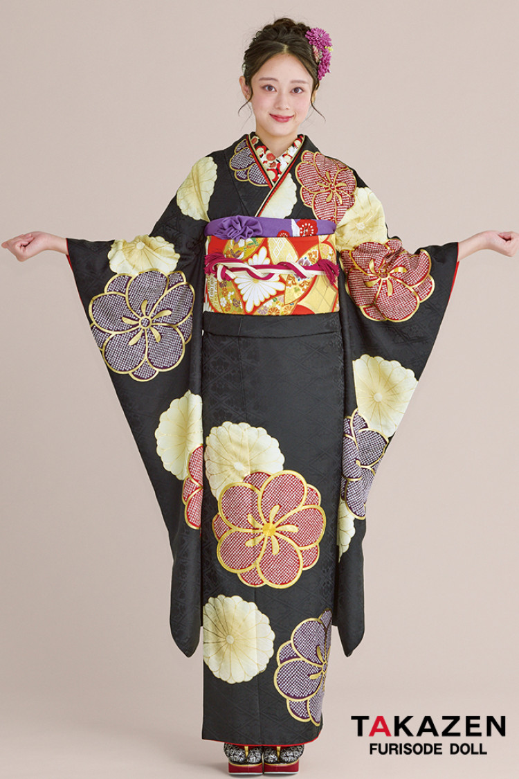 TAKAZENのレンタル振袖 正統派古典 黒/赤/紫 ねじり梅柄/すっきり柄 シンプル 絞り風 シック 大人っぽい 柄大きめ 佐藤不二子【通販可】24048