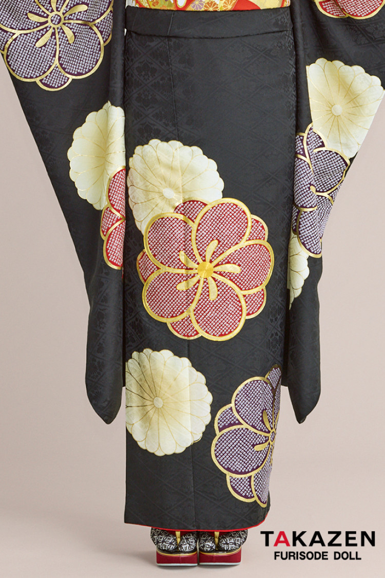 TAKAZENのレンタル振袖 正統派古典 黒/赤/紫 ねじり梅柄/すっきり柄 シンプル 絞り風 シック 大人っぽい 柄大きめ 佐藤不二子【通販可】24048