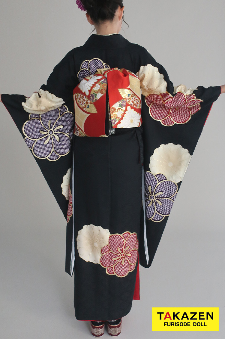 TAKAZENのレンタル振袖 正統派古典 黒/赤/紫 ねじり梅柄/すっきり柄 シンプル 絞り風 シック 大人っぽい 柄大きめ 佐藤不二子【通販可】24048