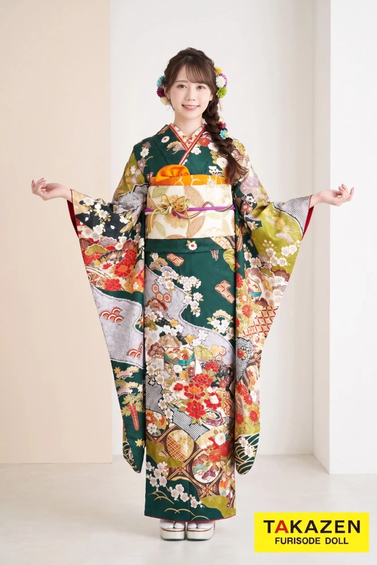 TAKAZENのレンタル振袖 正統派古典　緑/グリーン　貝桶柄/唐絞り/柄小さい　はんなり　大人っぽい　低身長さんにもおすすめ【通販可】24050