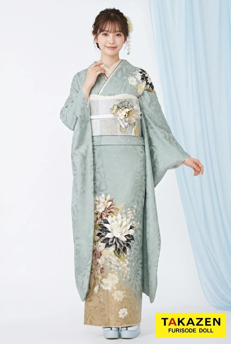 TAKAZENのレンタル振袖 正統派古典 くすみグリーン/淡色/くすみカラー 大人っぽい シック 低身長さんにもおすすめ振袖 控えめ【通販可】24051