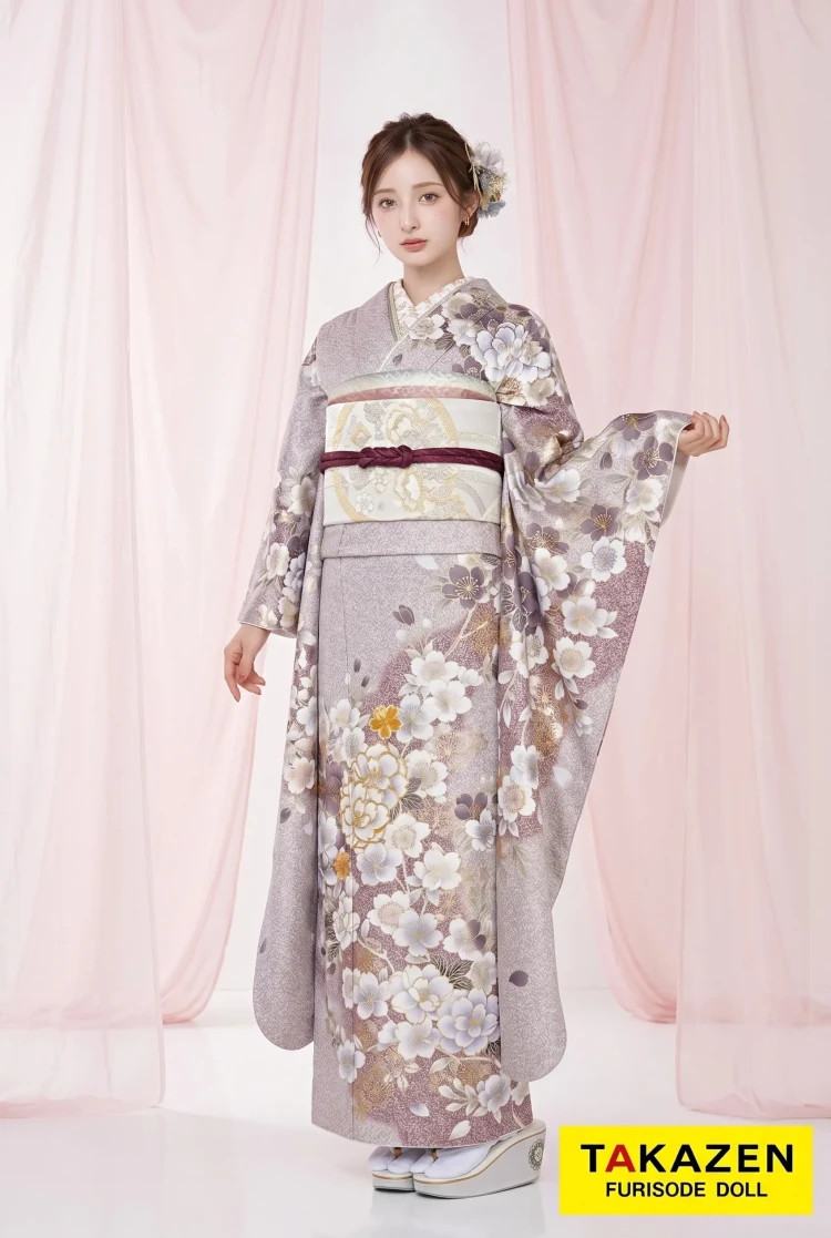 TAKAZENのレンタル振袖 正統派古典 くすみ色/薄紫 桜柄 大人っぽい くすみカラー振袖 低身長さんにもおすすめ 古風【通販可】24052