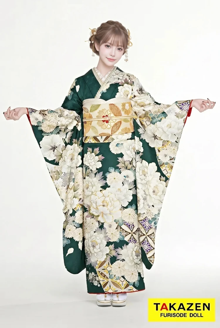TAKAZENのレンタル振袖 正統派古典　グリーン/白　牡丹柄/和柄　豪華　伝統的　大人っぽい【通販可】24053