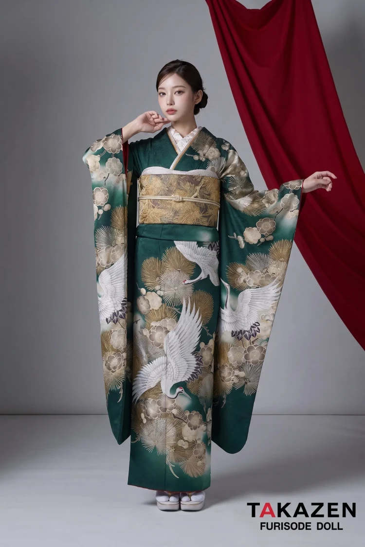 TAKAZENのレンタル振袖 粋古典 緑/金/グリーン 鶴柄/針松柄 金彩京友禅 かっこいい振袖 大人っぽい シック 人気 渋い【通販可】24054