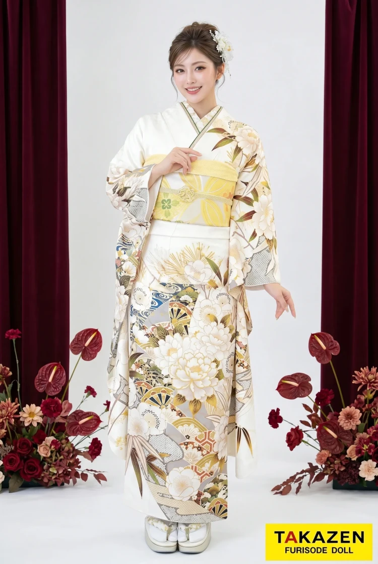 TAKAZENのレンタル振袖 粋古典　白/金/ゴールド　牡丹柄/大柄　シック　大人っぽい振袖　無彩色　ワントーンコーデ【通販可】24055