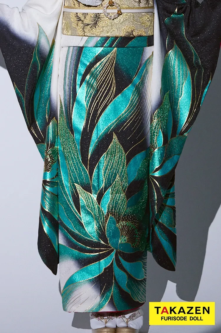 TAKAZENのレンタル振袖 モード 緑/白/黒 牡丹柄/大柄 派手 ギャル系振袖 目立つ かっこいい キラキラグリッター 人とかぶらない ゴージャス 香川るな【通販可】24067