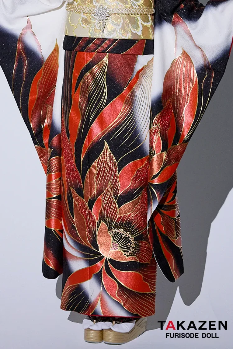 TAKAZENのレンタル振袖 モード　赤/黒/白　大柄/牡丹柄　目立つ　グラマラス　ギャル振袖　派手　グラマラス　グリッター　ゴージャス　谷田ラナ【通販可】24068
