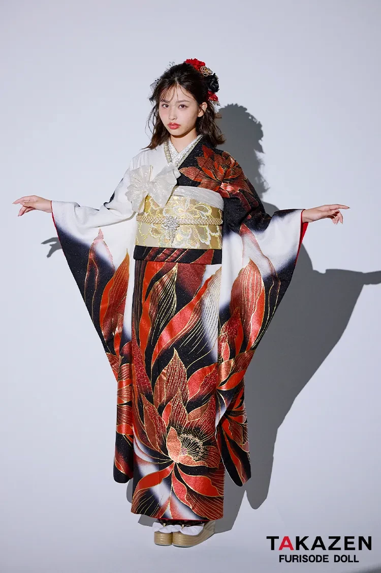 TAKAZENのレンタル振袖 モード　赤/黒/白　大柄/牡丹柄　目立つ　グラマラス　ギャル振袖　派手　グラマラス　グリッター　ゴージャス　谷田ラナ【通販可】24068