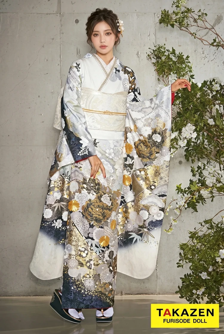 TAKAZENのレンタル振袖 粋古典　白/グレー/金　牡丹柄　シック　白地　渋い振袖　大人っぽい　花魁風　かっこいい　煌びやか【通販可】31121