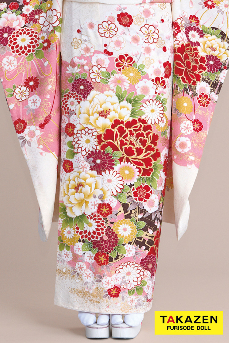 TAKAZENのレンタル振袖 正統派古典 白ピンク 牡丹柄 かわいい振袖 金彩刺繍京友禅 女の子らしい 人気 伝統的 佐藤不二子【通販可】32051
