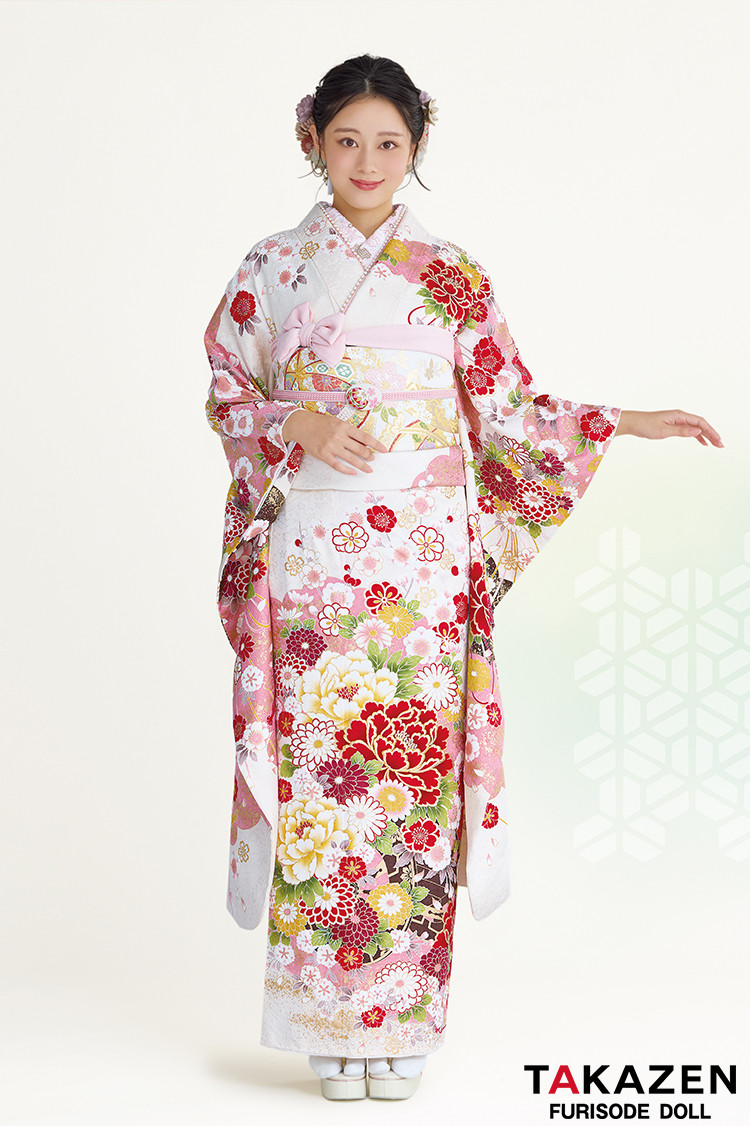 TAKAZENのレンタル振袖 正統派古典　白ピンク　牡丹柄　かわいい振袖　金彩刺繍京友禅　女の子らしい　人気　伝統的　佐藤不二子【通販可】32051