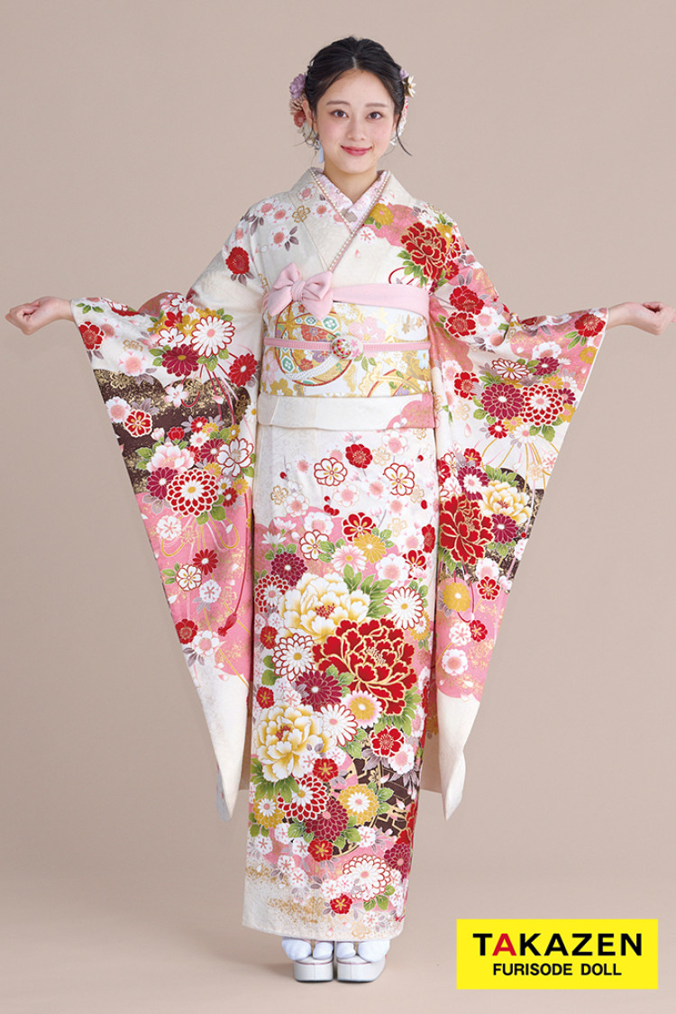 TAKAZENのレンタル振袖 正統派古典 白ピンク 牡丹柄 かわいい振袖 金彩刺繍京友禅 女の子らしい 人気 伝統的 佐藤不二子【通販可】32051