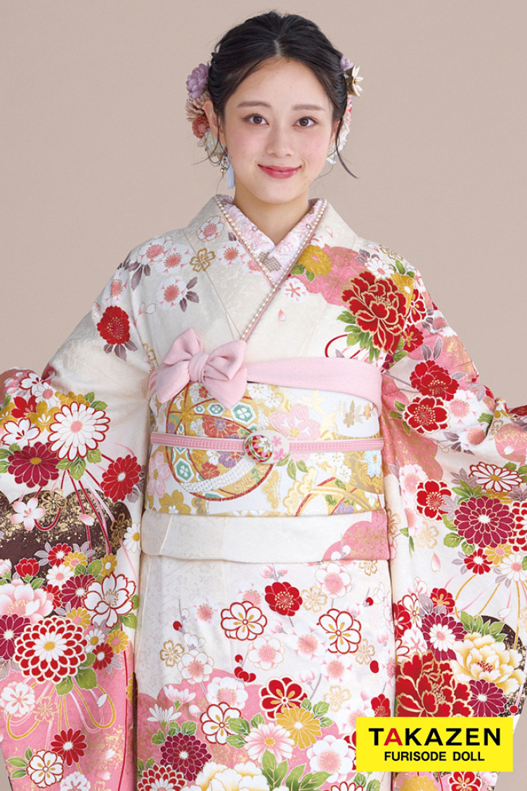 TAKAZENのレンタル振袖 正統派古典 白ピンク 牡丹柄 かわいい振袖 金彩刺繍京友禅 女の子らしい 人気 伝統的 佐藤不二子【通販可】32051