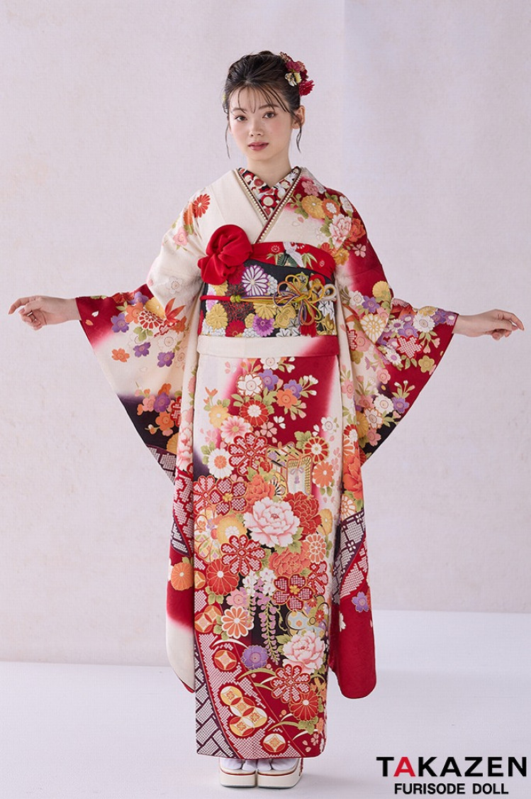 TAKAZENのレンタル振袖 正統派古典 赤/黒/白 御所車柄/牡丹柄 人気 上品 可愛い 伝統的古典 清楚 最高級金彩刺繍絞り友禅 南琴奈【通販可】32054