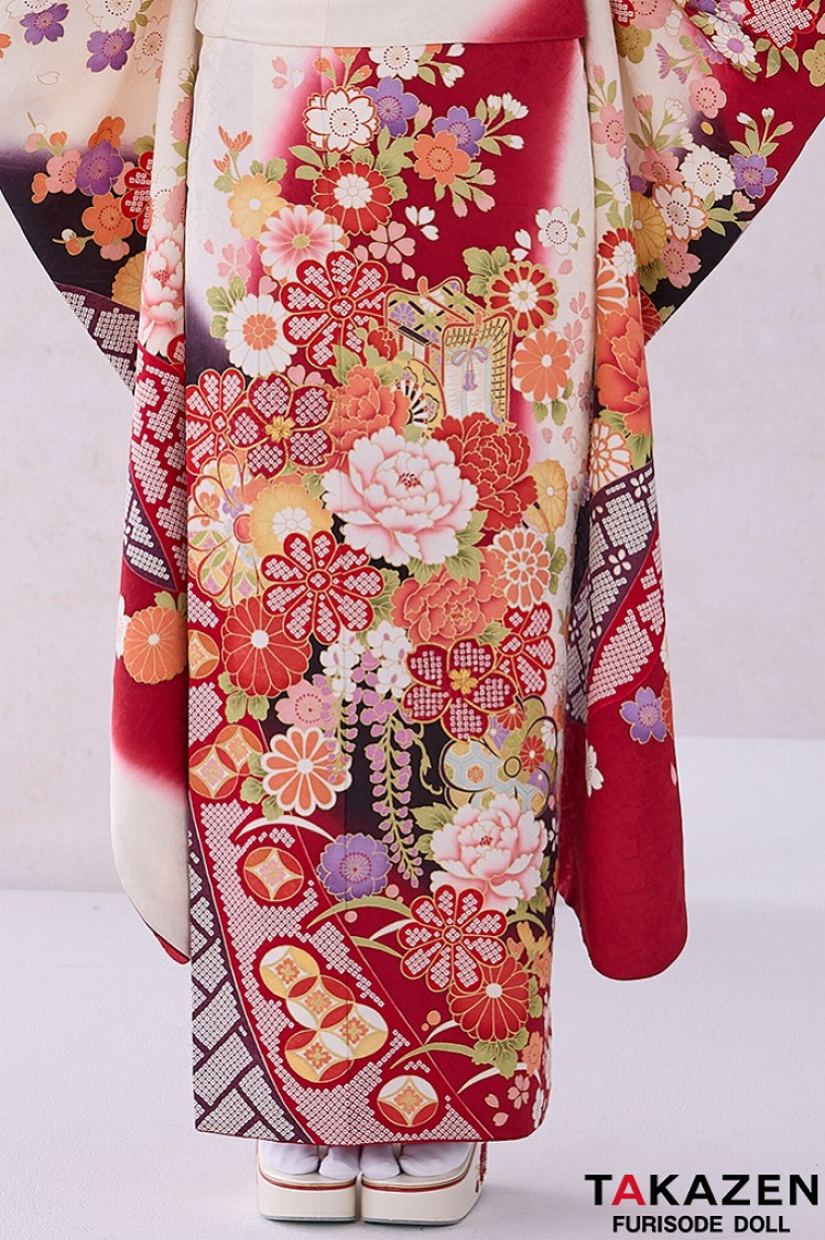 TAKAZENのレンタル振袖 正統派古典 赤/黒/白 御所車柄/牡丹柄 人気 上品 可愛い 伝統的古典 清楚 最高級金彩刺繍絞り友禅 南琴奈【通販可】32054