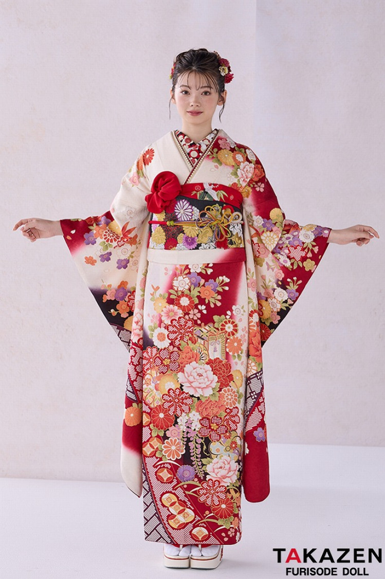 TAKAZENのレンタル振袖 正統派古典 赤/黒/白 御所車柄/牡丹柄 人気 上品 可愛い 伝統的古典 清楚 最高級金彩刺繍絞り友禅 南琴奈【通販可】32054