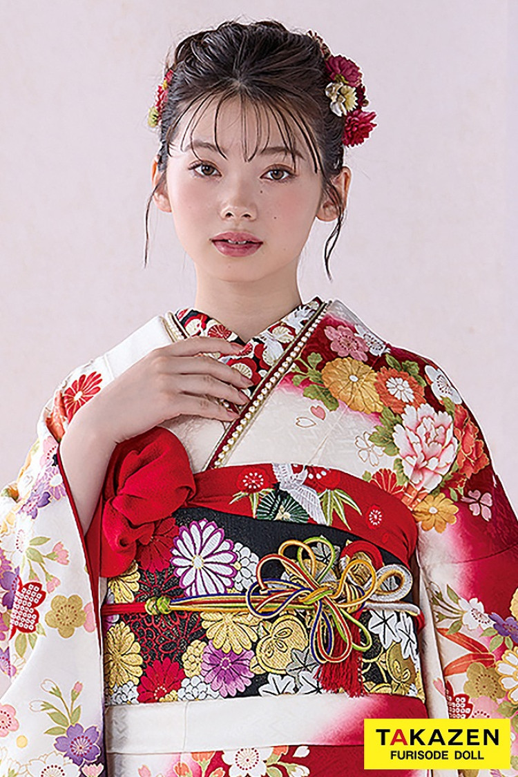 TAKAZENのレンタル振袖 正統派古典 赤/黒/白 御所車柄/牡丹柄 人気 上品 可愛い 伝統的古典 清楚 最高級金彩刺繍絞り友禅 南琴奈【通販可】32054
