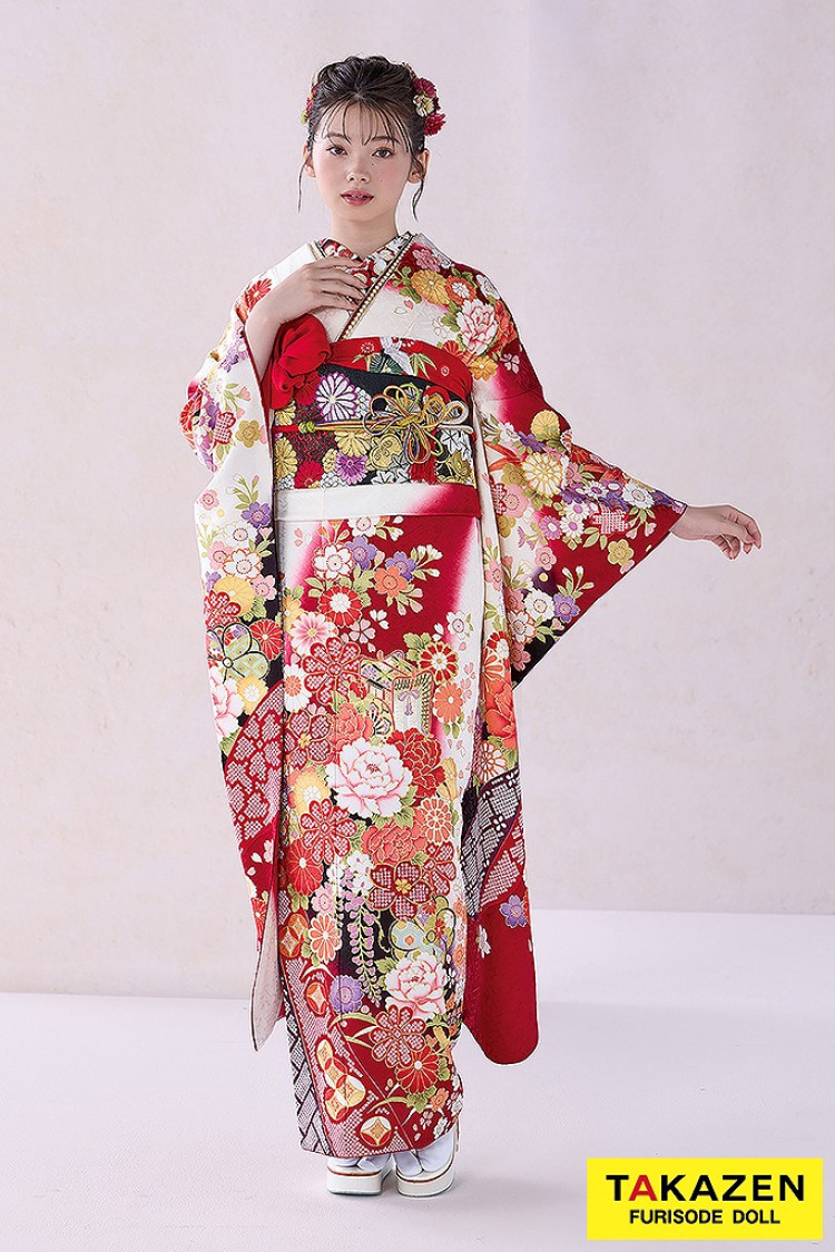 TAKAZENのレンタル振袖 正統派古典 赤/黒/白 御所車柄/牡丹柄 人気 上品 可愛い 伝統的古典 清楚 最高級金彩刺繍絞り友禅 南琴奈【通販可】32054