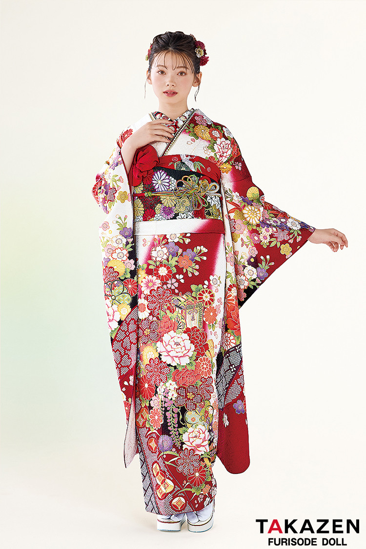 TAKAZENのレンタル振袖 正統派古典　赤/黒/白　御所車柄/牡丹柄　人気　上品　可愛い　伝統的古典　清楚　最高級金彩刺繍絞り友禅　南琴奈【通販可】32054