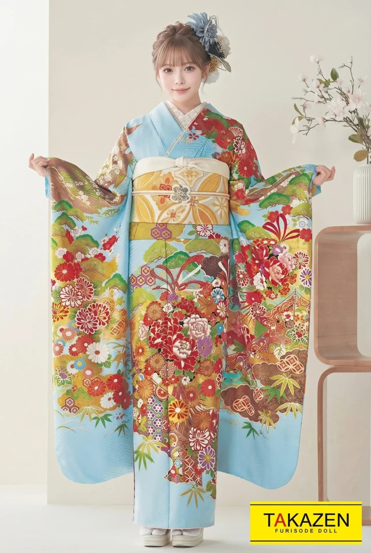 TAKAZENのレンタル振袖 正統派古典　水色/ゴールド(金色)　牡丹柄　綺麗　金彩　正絹　桂由美プレミアム振袖【通販可】32084