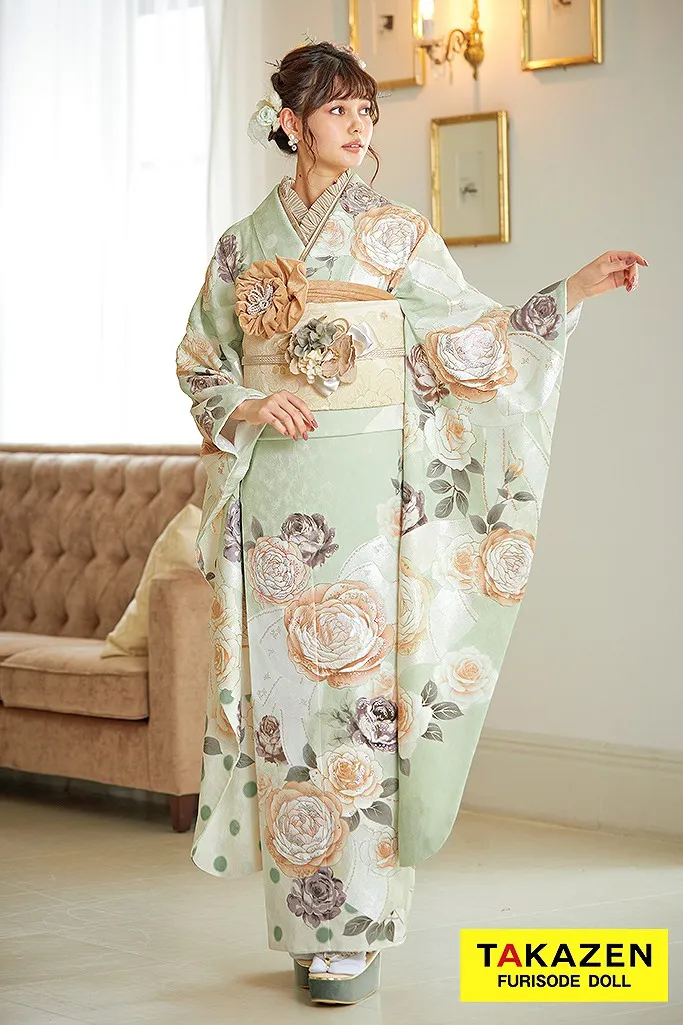 振袖　成人式　ヘップバーン　可愛い　淡い　淡色　ミントグリーン　エメラルドグリーン　白