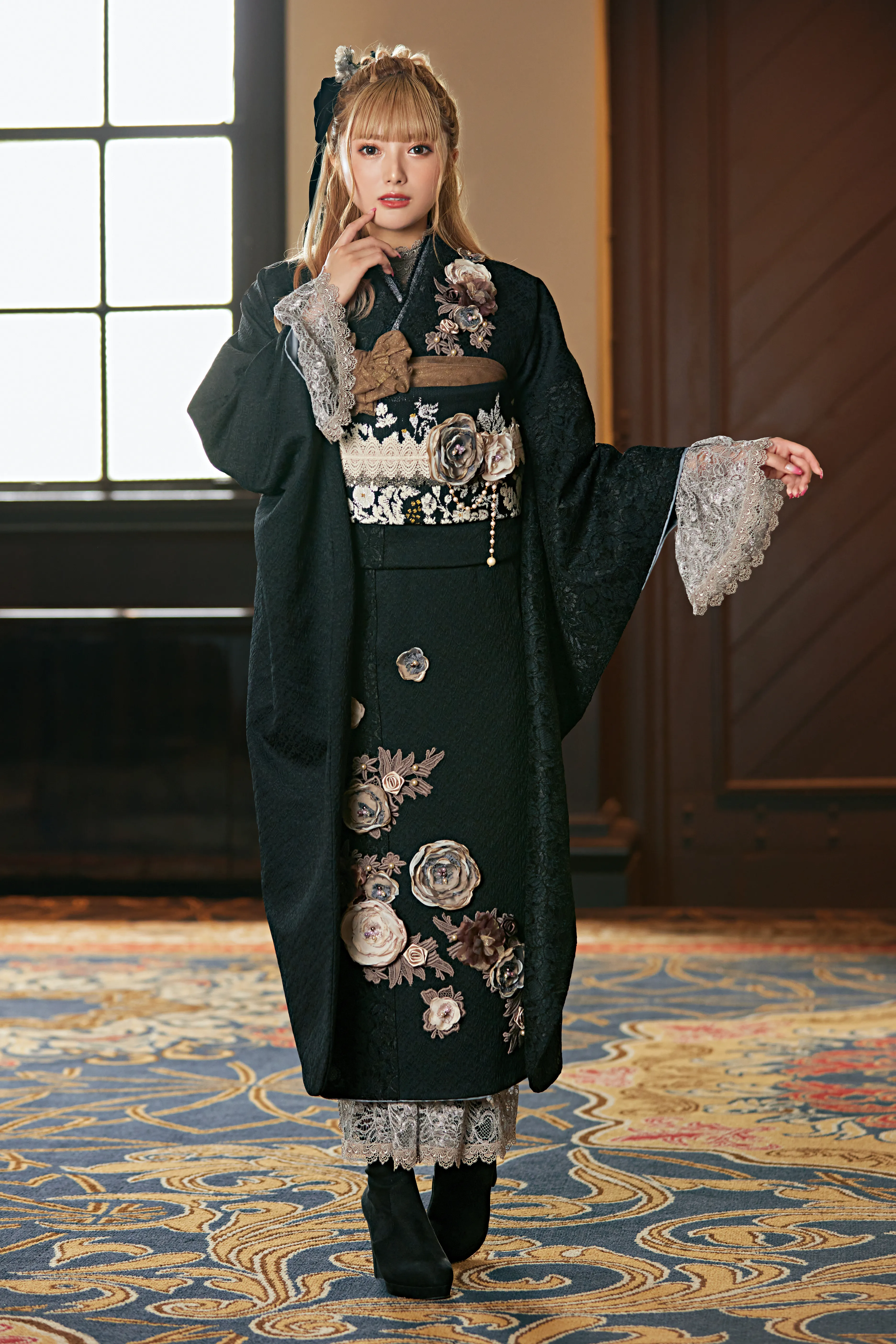 振袖レンタル　ミニョン　立体花　洋風