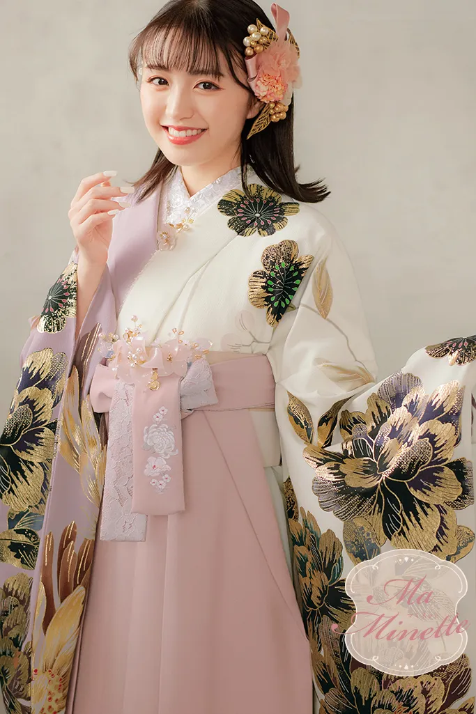 TAKAZENのレンタル袴 くすみカラー古典　くすみピンク/白　バイカラー　香音(かのん)ちゃん　大柄　かわいい【通販可】K24017