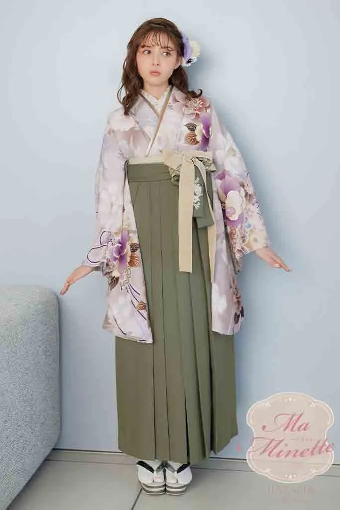 TAKAZENのレンタル袴 くすみカラー古典　グレー/紫　椿柄　淡い色　上品　大人っぽい【通販可】K24019