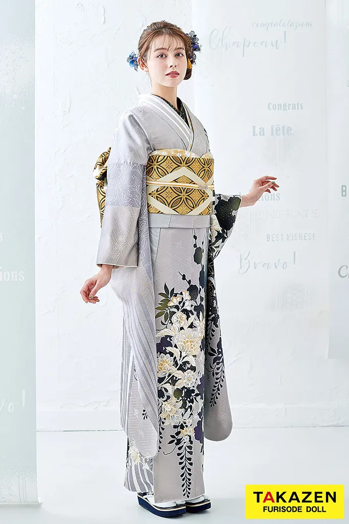 TAKAZENのレンタル振袖 くすみカラー古典　淡い色/くすみグレー　小花柄/ボタニカルフラワー　大人っぽい淡色振袖【通販可】　K683