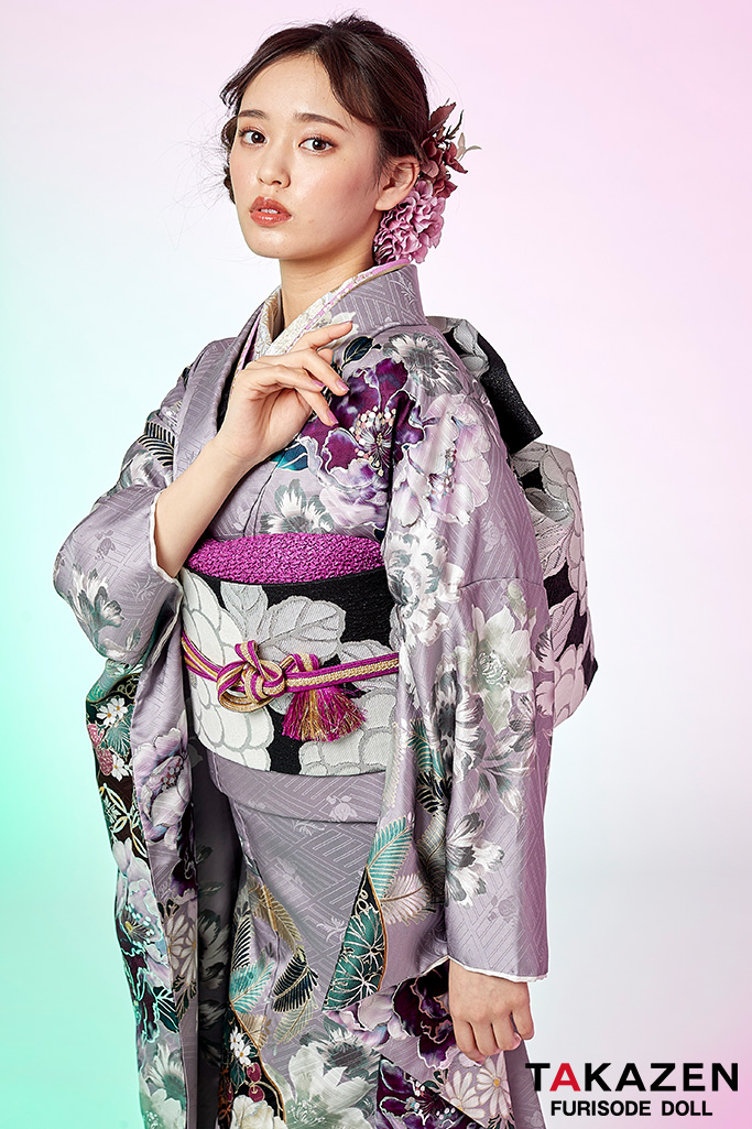 TAKAZENのレンタル振袖 くすみカラー古典　薄紫/淡色　桜柄　大人っぽい　綺麗　上品　清潔感がある　清楚【通販可】K687