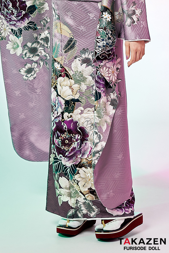 TAKAZENのレンタル振袖 くすみカラー古典　薄紫/淡色　桜柄　大人っぽい　綺麗　上品　清潔感がある　清楚【通販可】K687