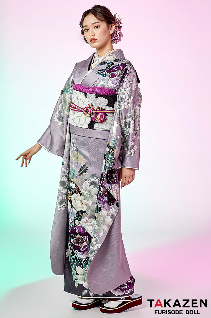 TAKAZENのレンタル振袖 くすみカラー古典　薄紫/淡色　桜柄　大人っぽい　綺麗　上品　清潔感がある　清楚【通販可】K687