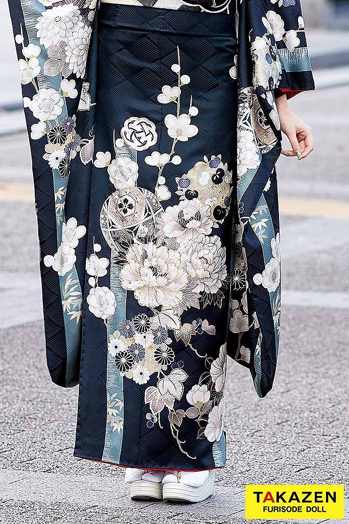 TAKAZENのレンタル振袖 正統派古典　紺色/ネイビー　牡丹柄/毬柄　大正ロマン　清楚　かわいらしい　王道　低身長さんにもおすすめ【通販可】K691