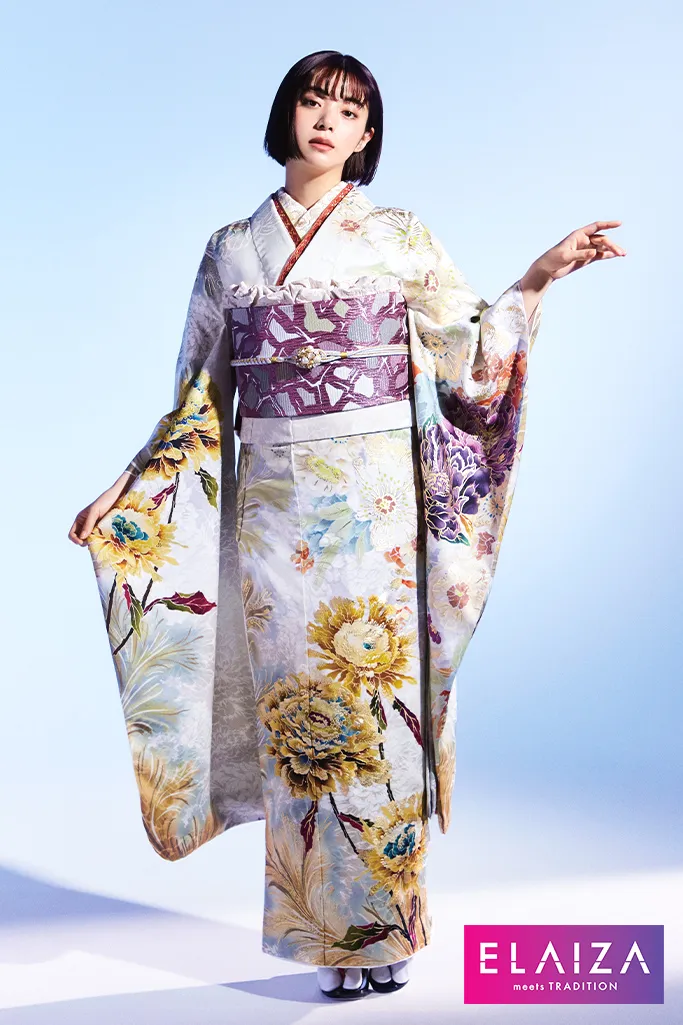 TAKAZENのレンタル振袖 池田エライザ振袖　白/黄色　牡丹柄/大柄　華やか/大人っぽい/綺麗/可愛い【通販可】K714