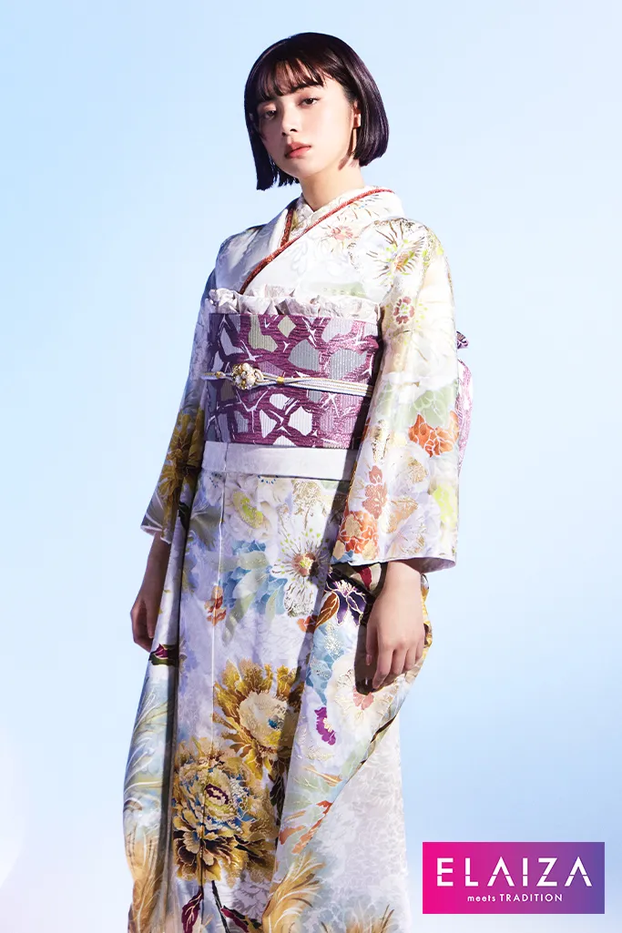 TAKAZENのレンタル振袖 池田エライザ振袖　白/黄色　牡丹柄/大柄　華やか/大人っぽい/綺麗/可愛い【通販可】K714