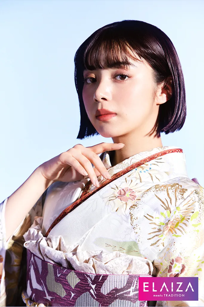 TAKAZENのレンタル振袖 池田エライザ振袖　白/黄色　牡丹柄/大柄　華やか/大人っぽい/綺麗/可愛い【通販可】K714