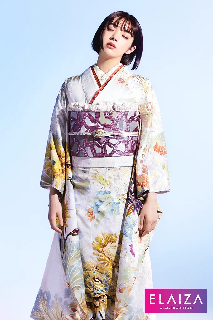 TAKAZENのレンタル振袖 池田エライザ振袖　白/黄色　牡丹柄/大柄　華やか/大人っぽい/綺麗/可愛い【通販可】K714