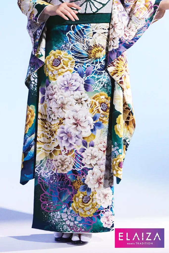TAKAZENのレンタル振袖 池田エライザ振袖　緑/グリーン/黄色　花柄/柄多め　華やか/大人っぽい/カラフル/ポップ【通販可】K715