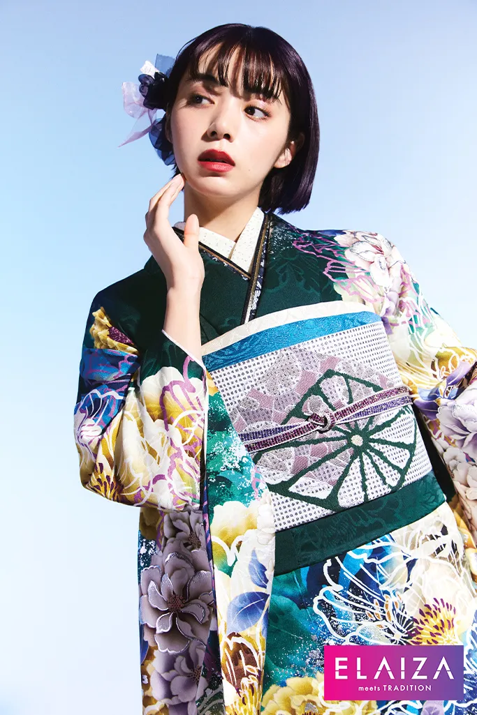 TAKAZENのレンタル振袖 池田エライザ振袖　緑/グリーン/黄色　花柄/柄多め　華やか/大人っぽい/カラフル/ポップ【通販可】K715