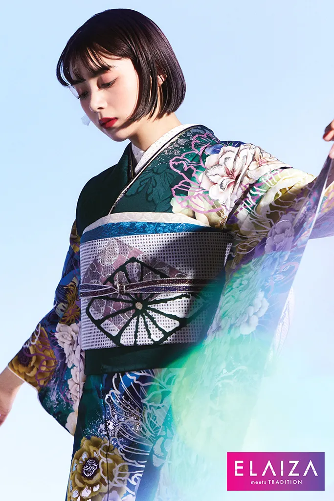 TAKAZENのレンタル振袖 池田エライザ振袖　緑/グリーン/黄色　花柄/柄多め　華やか/大人っぽい/カラフル/ポップ【通販可】K715