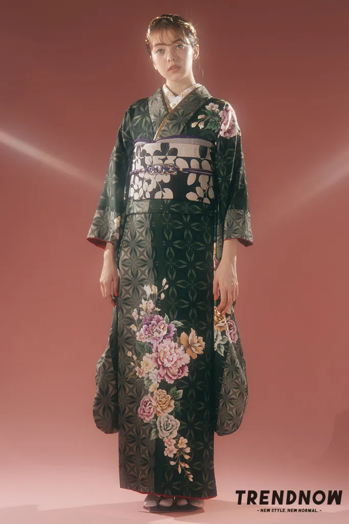 TAKAZENのレンタル振袖 ヴィンテージスタイル　洋花　緑/グリーン　トレンド　アンティーク調　大人っぽい　シンプル【通販可】K718