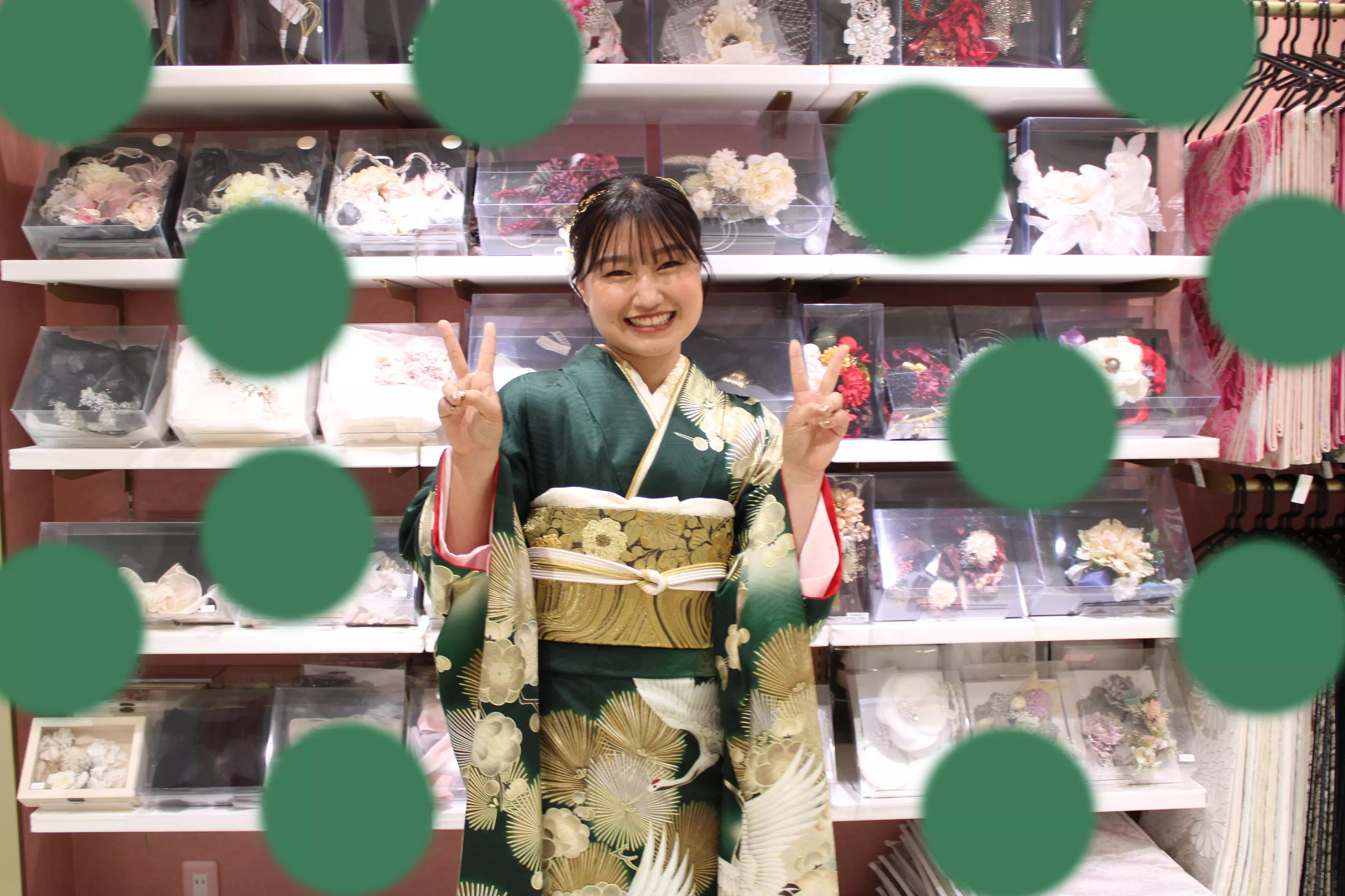 TAKAZEN姫路店　姫路市　成人式　卒業式　袴　振袖　イマドキ振袖　加古川　高砂　前撮り撮影会　前撮り 緑　鶴　粋古典