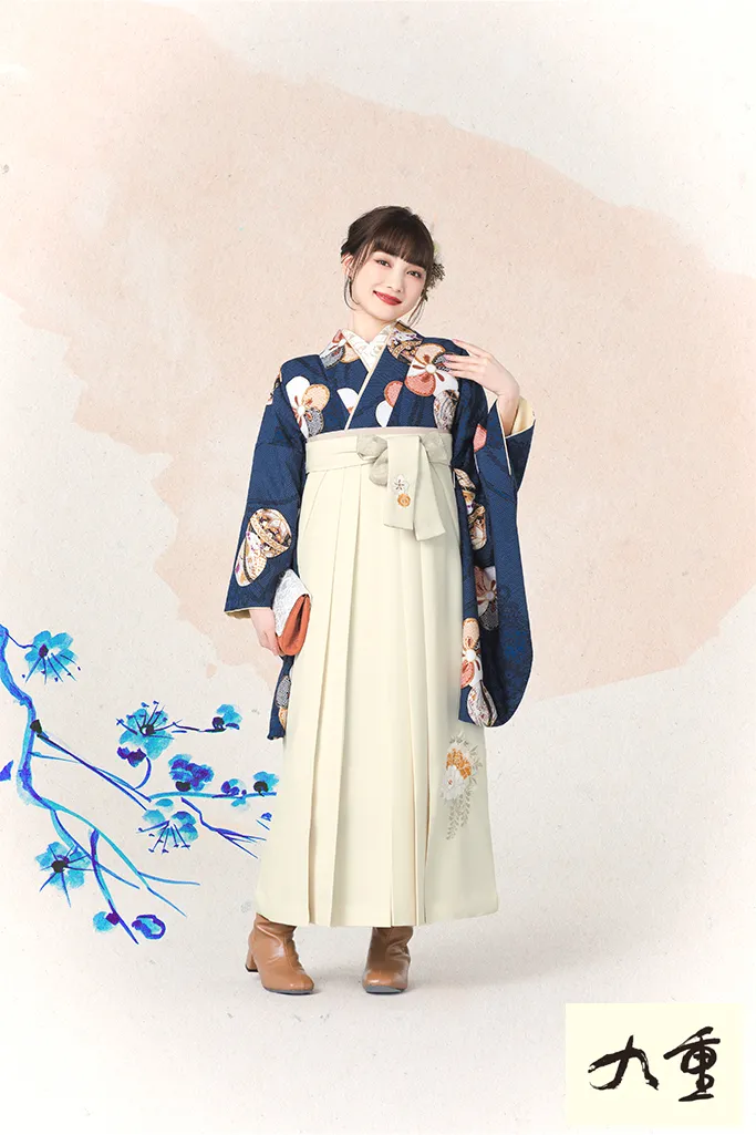 TAKAZENのレンタル袴 正統派古典　ネイビー/紺色　菊柄　かわいい　上品　清楚　ブーツスタイル　九重【通販可】K24072