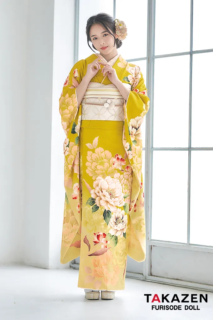 TAKAZENのレンタル振袖 正統派古典　黄色/マスタード　牡丹柄　シンプル　華やか　綺麗　大人っぽい　イエベ【通販可】K770