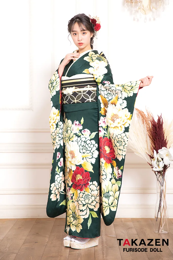 TAKAZENのレンタル振袖 正統派古典　緑色/グリーン/赤　牡丹柄　大柄　原色　綺麗　王道　高身長さんにおすすめ【通販可】K774