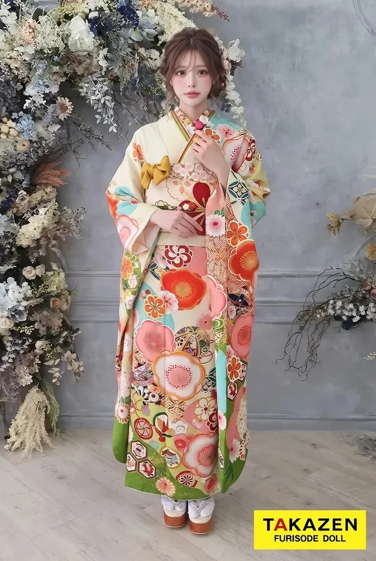 TAKAZENのレンタル振袖 安い！正統派古典　白/黄緑　梅柄/毬柄　華やか　おしとやか　格安プライス　【通販可】M2