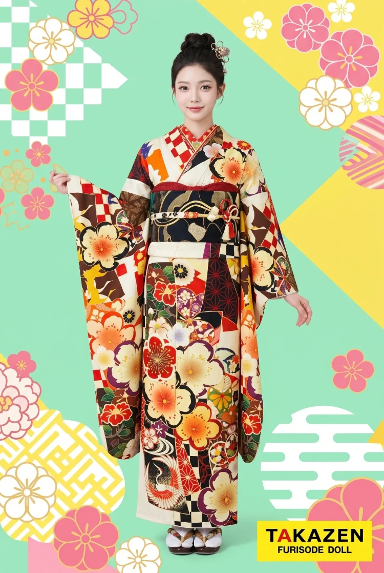 TAKAZENのレンタル振袖 安い！レトロ古典　白/赤　桜柄/市松模様　華やか　カラフル　プチプラ振袖　低身長さんにもおすすめ【通販可】　M3