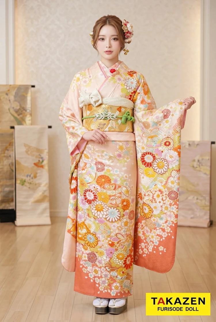 TAKAZENのレンタル振袖 正統派古典 白/ピンク/水色 菊柄 唐絞り 淡い色 かわいい 女の子らしい 低身長さんにもおすすめ【通販可】M6