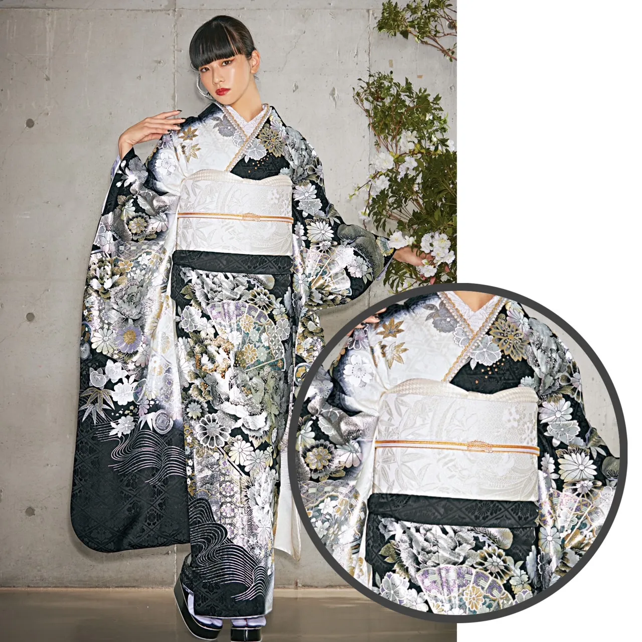 振袖　レンタル　奈良　橿原　人気　可愛い　おしゃれ　流行り　ピンク　白　帯　かっこいい　シルバー　古典　モード　黒